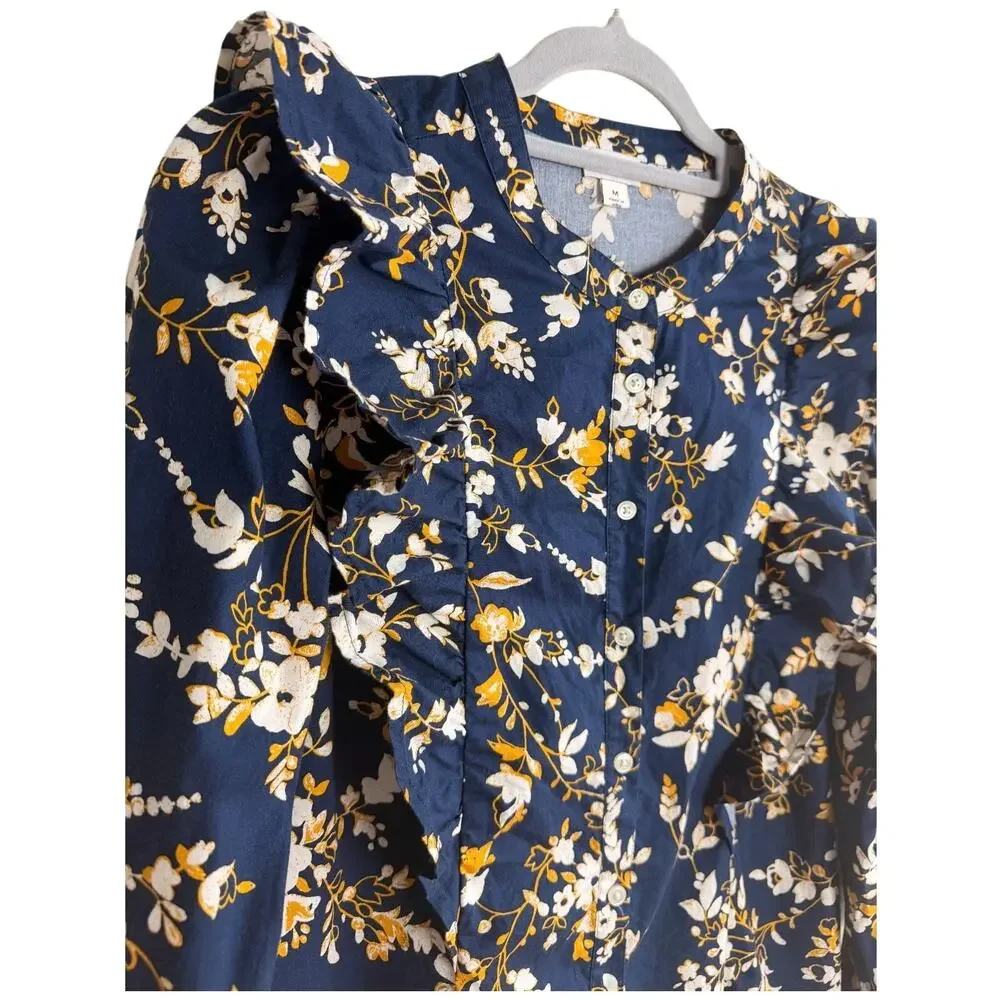 J.Crew Floral Ruffle Blouse Medium Navy Blue Cotton Button Front Classic Top
